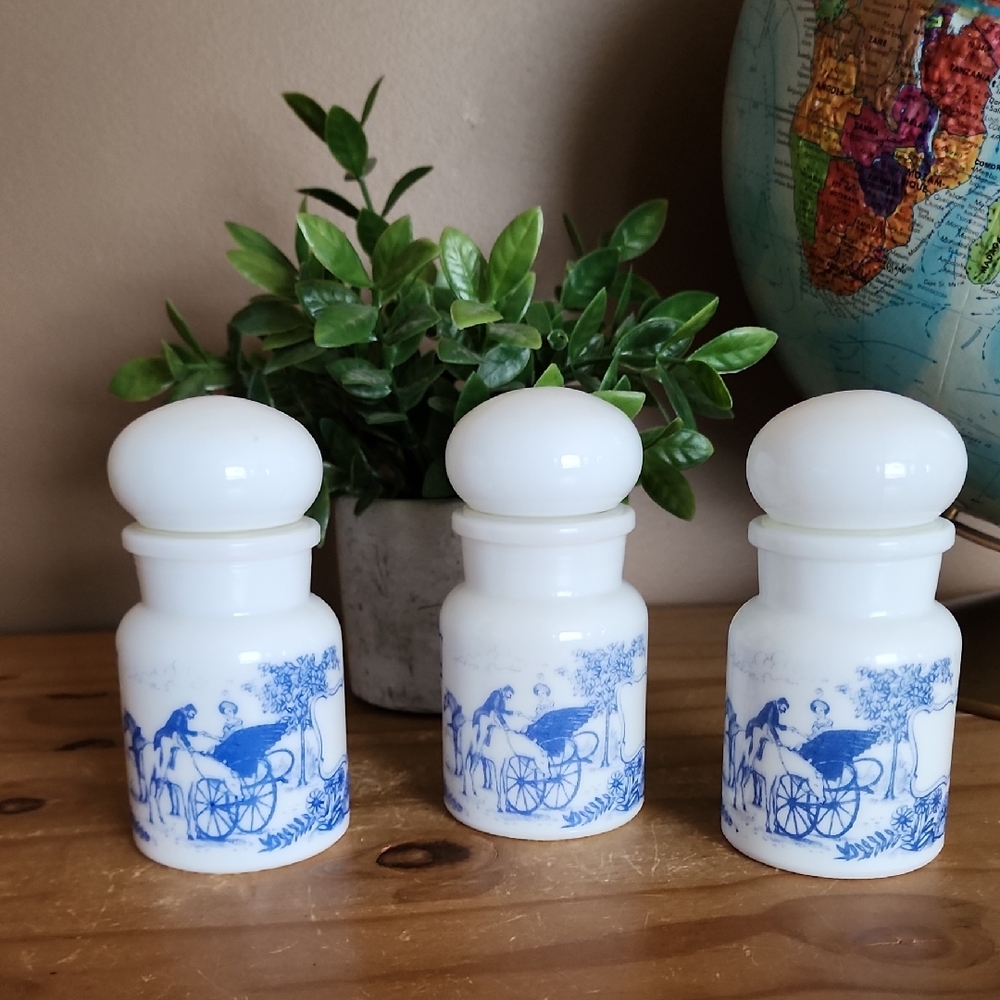 Vintage Belgium Milk Glass Apothecary Jars Bubble Top
